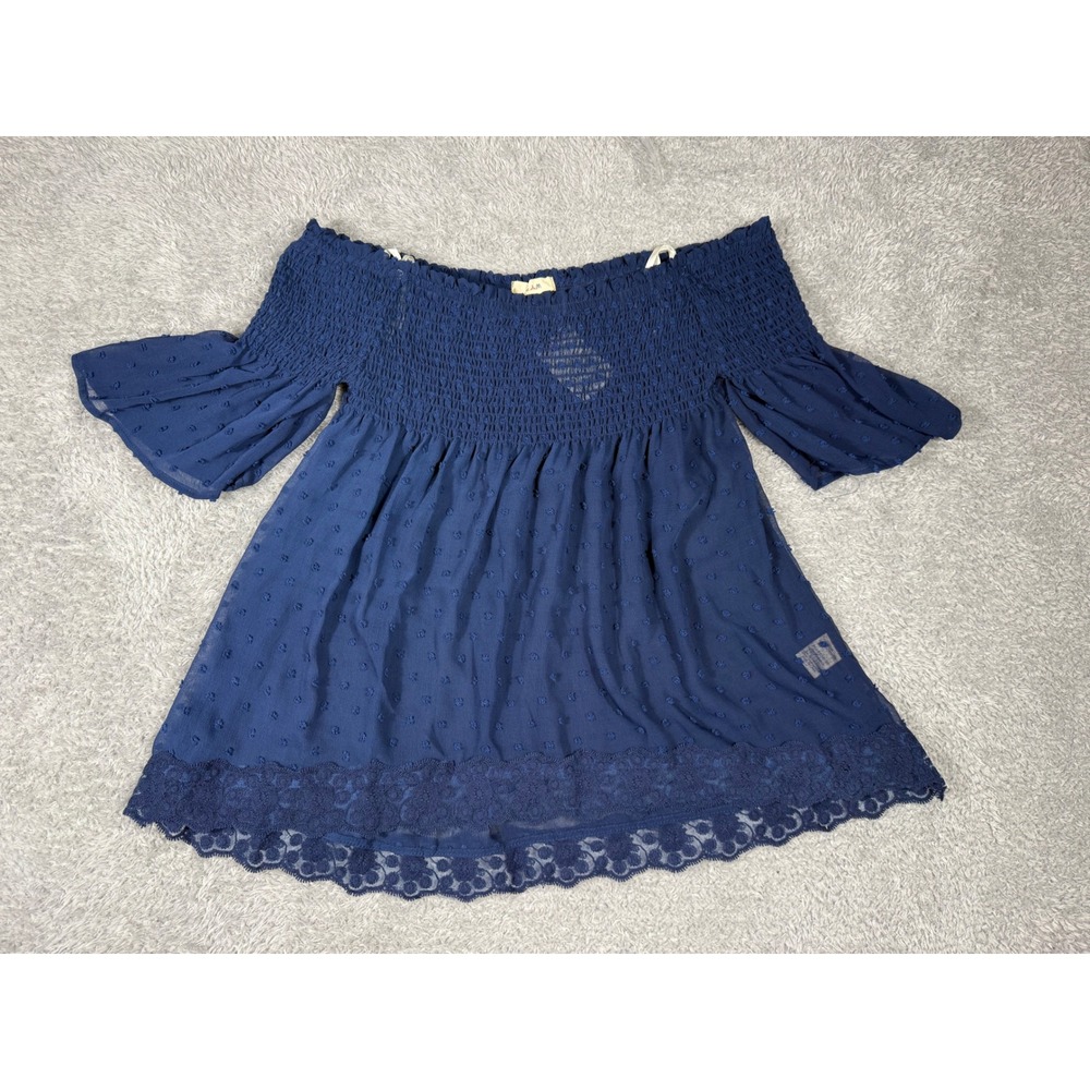 E&M Off the Shoulder Top Womens L Navy Blue NWT Swiss Dot Lace Hem EM3355 Boho